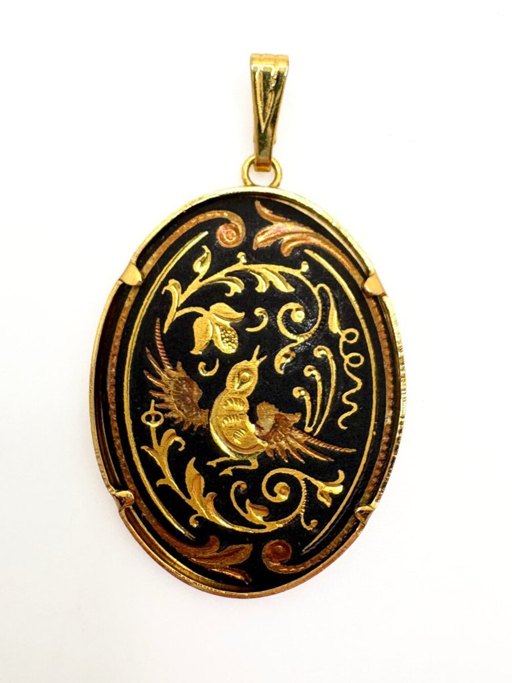 Vintage Damascene Bird Pendant Black Gold Oval Japanese Toledo Style